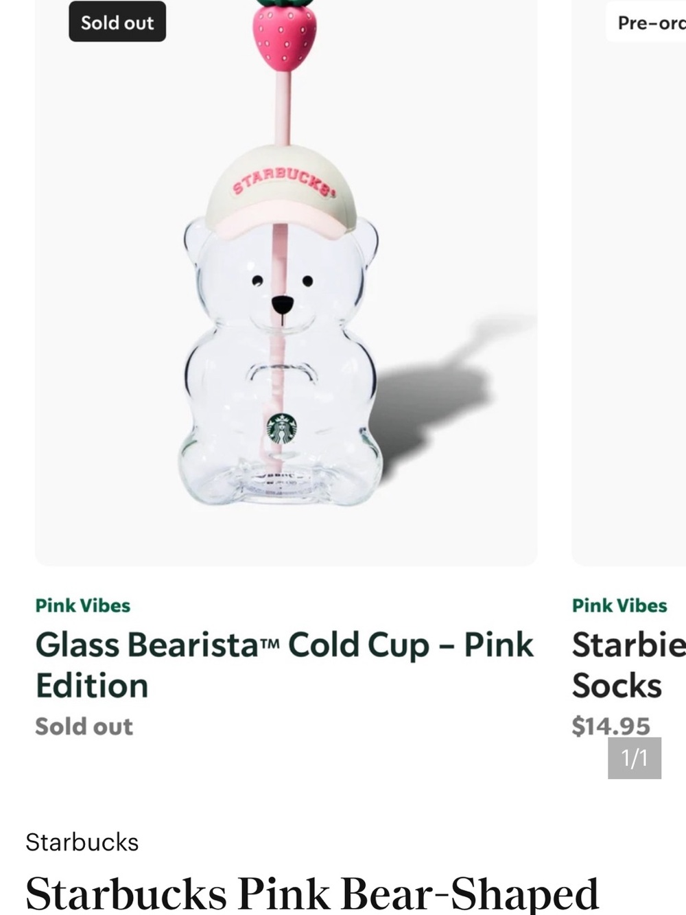 Starbucks Clear Bear Glass Cold Cup with Pink Straw and Cream Visor